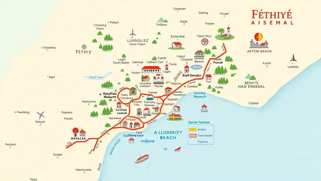 A detailed map of Fethiye highlighting key attractions and landmarks.