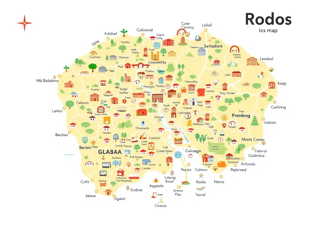 A detailed digital map of Rodos highlighting key attractions like historical sites and beaches.
