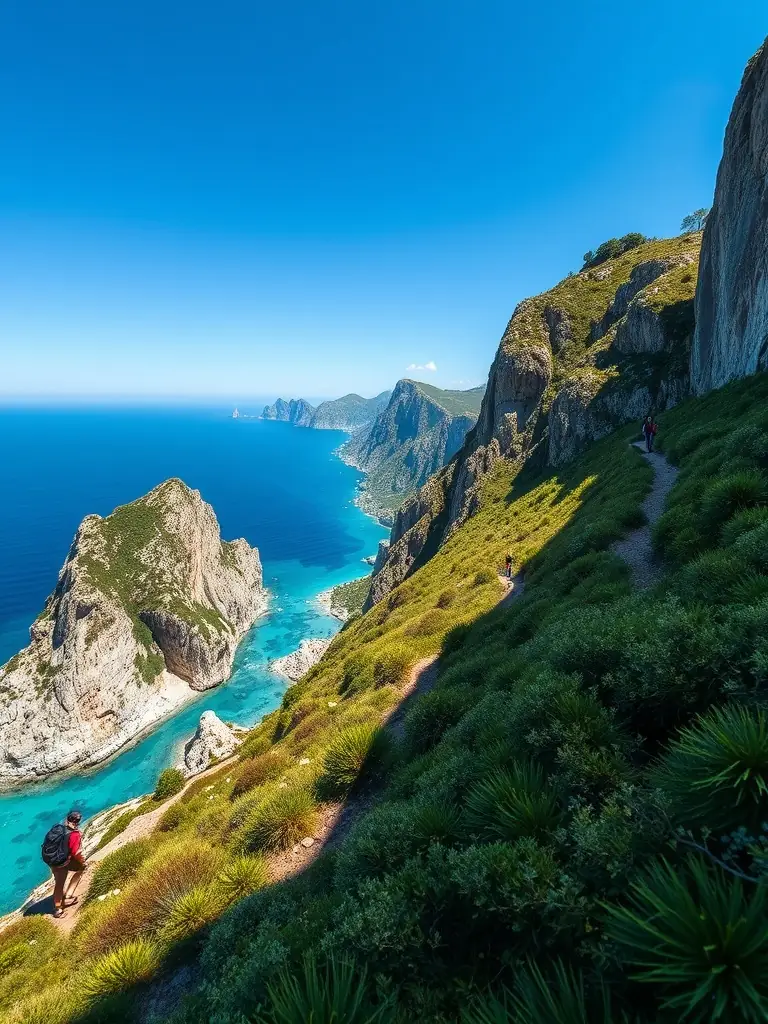 A picturesque hiking trail along the Turkish coast, surrounded by cliffs and turquoise waters.