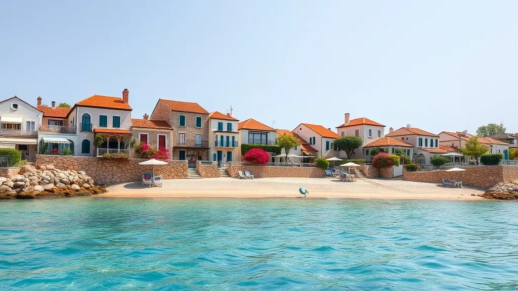 A scenic view of Ayvalık's coastline with clear waters and traditional stone houses.
