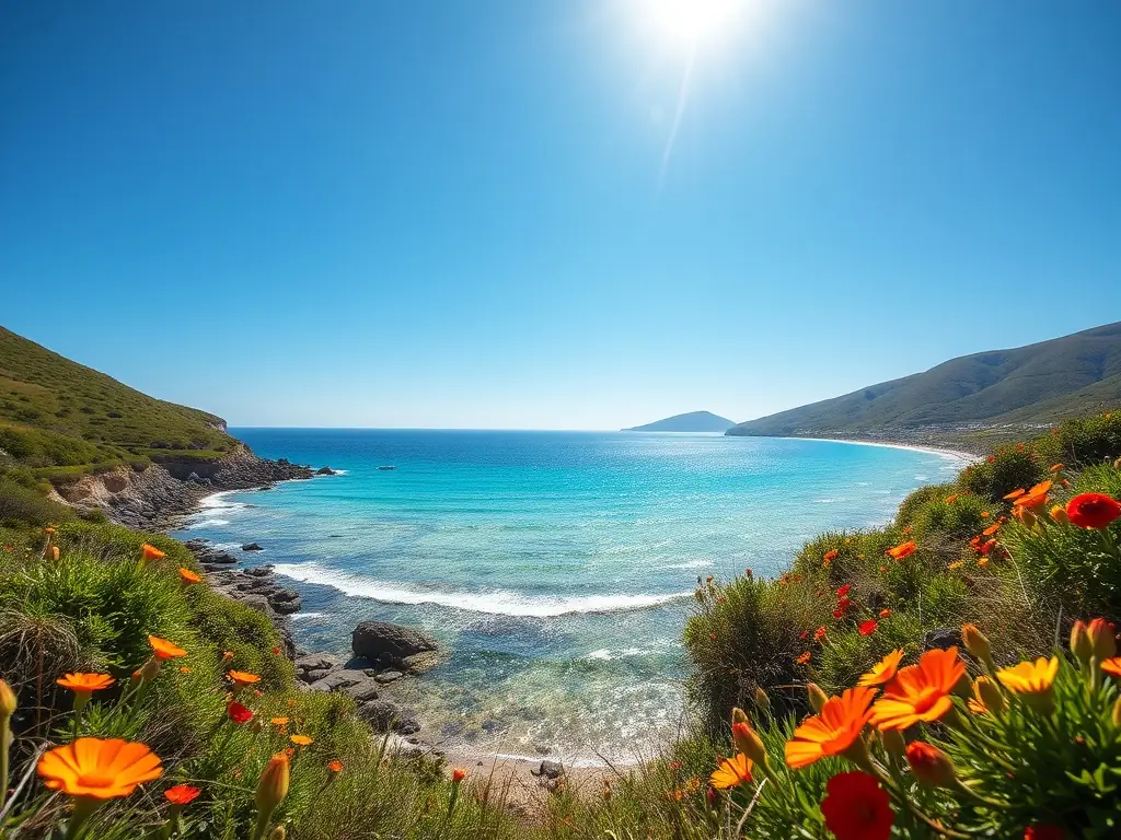 Breathtaking view of Sakız Island's coastline with clear waters and lush greenery.