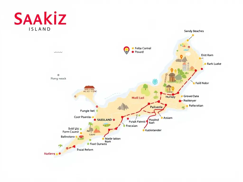 Detailed map of Sakız Island showing key tourist locations and routes.