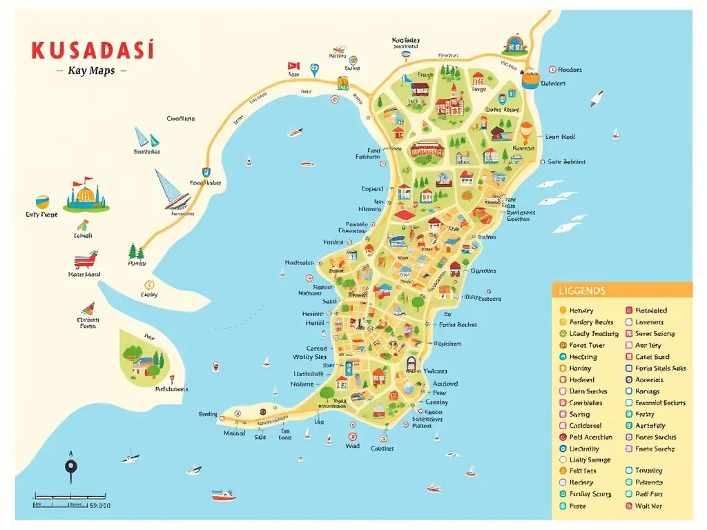 A detailed map of Kuşadası highlighting key attractions like beaches and historical sites.