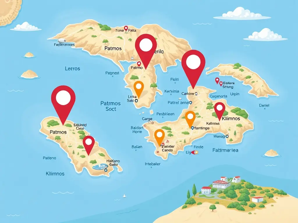 Detailed map showing attractions on the islands of Patmos, Leros, and Kilimnos.