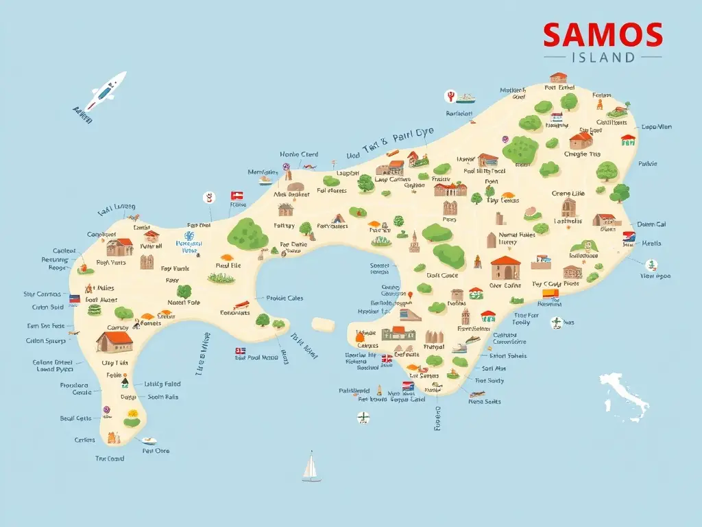Detailed map of Samos Island highlighting tourist attractions and important locations.