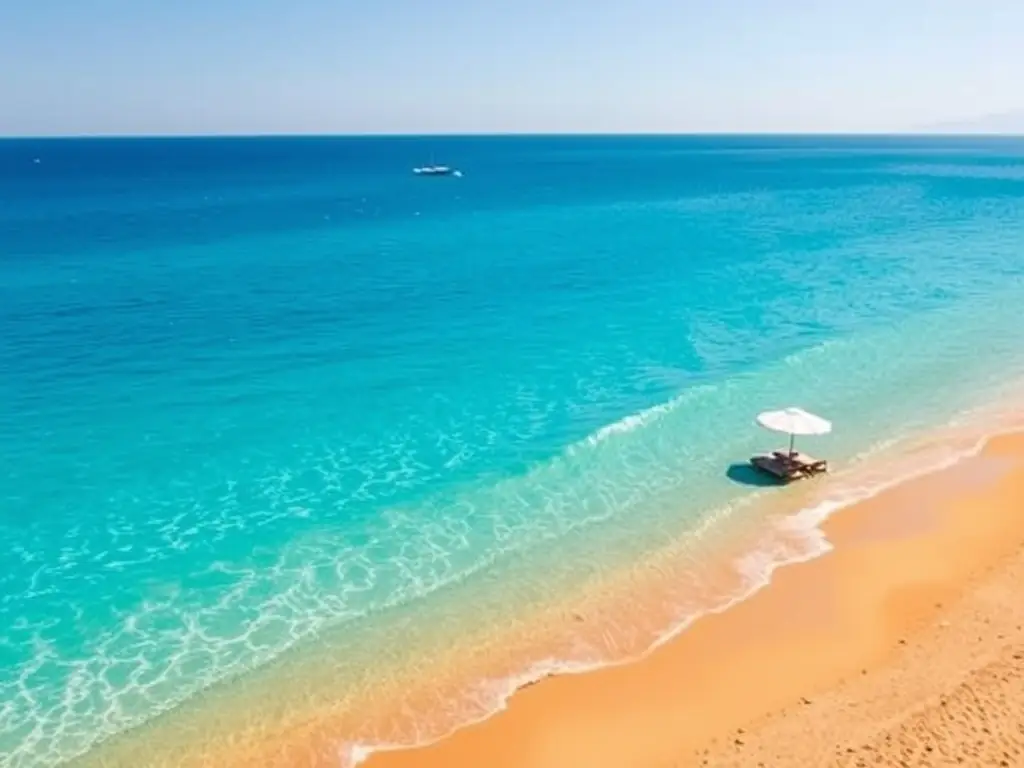 Serene beach on Leros with crystal clear waters and golden sand.