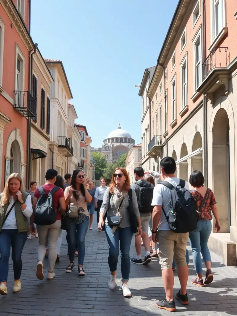 Tourists exploring the historic streets of Istanbul with a guide, surrounded by traditional architecture.