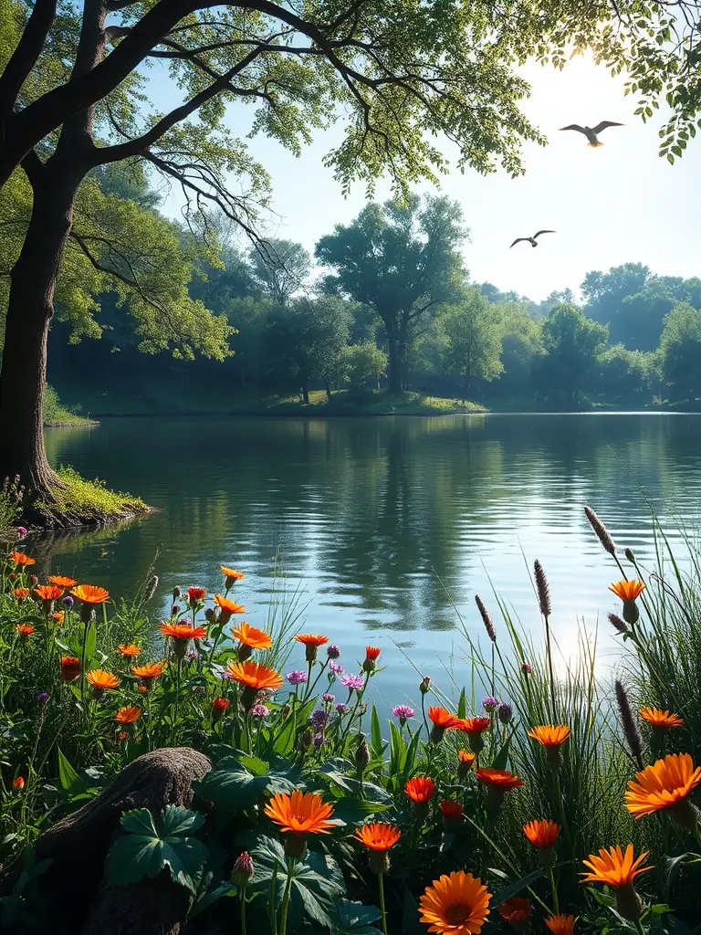 A tranquil lake scene surrounded by greenery and wildflowers, evoking a sense of peace.